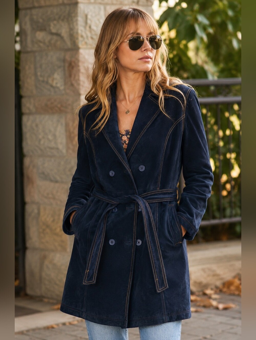 Vintage Wilsons Navy Suede Leather Belted Trench Coat | Double Breasted | XL